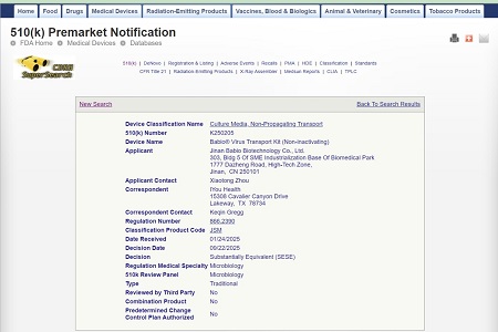 BABIO tagab USA FDA 510(k) kontrolli oma viiruse transpordikomplektile (mitteinaktiveeriv)